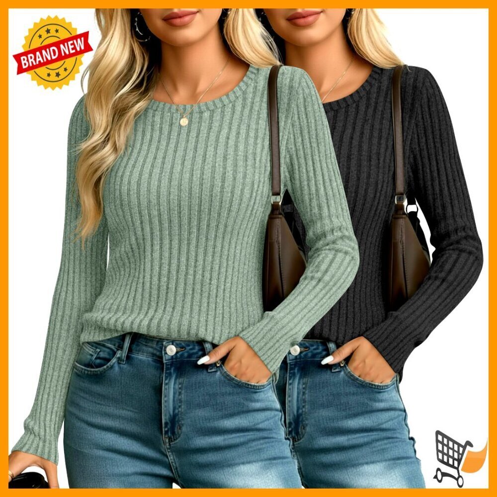Ribbed Knit Long Sleeve Pullover Sweater Lightweight Fitted Tunic Top Minimal